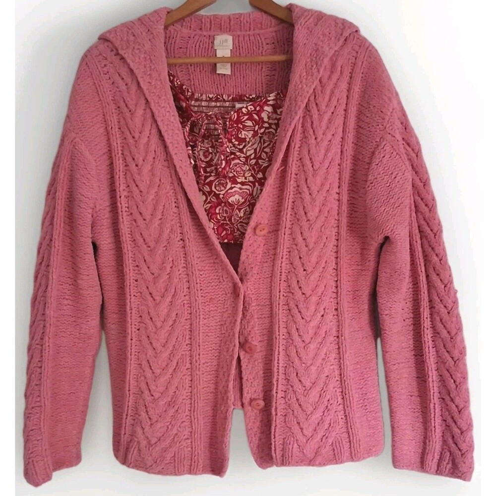 J Jill Handknit Cardigan Sweater M Rose Pink Chunky Cable Knit Coastal Grandma